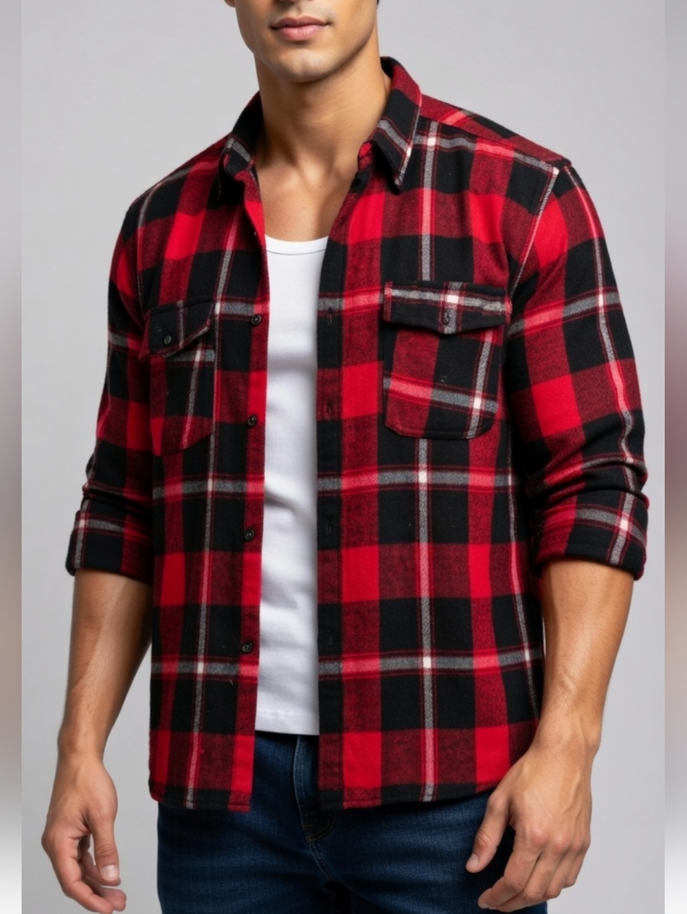 Men's Red and Black Plaid Button Down Shirt